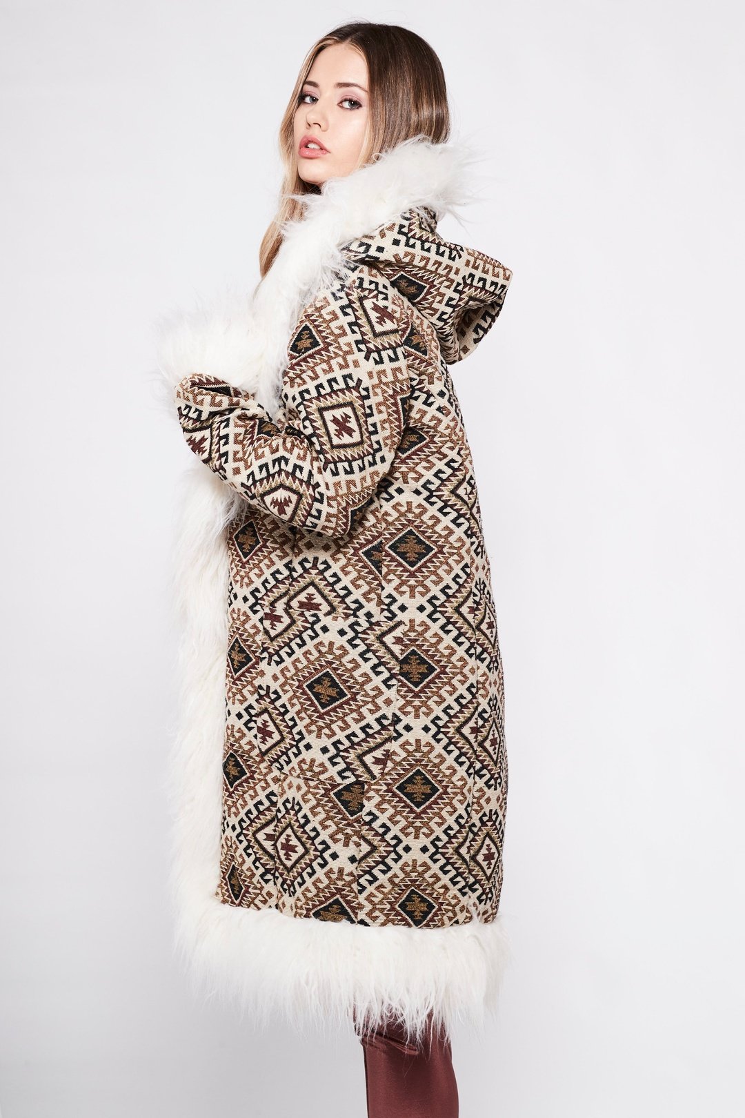 MEMPHIS Hooded Afghan Coat in Brown Geo