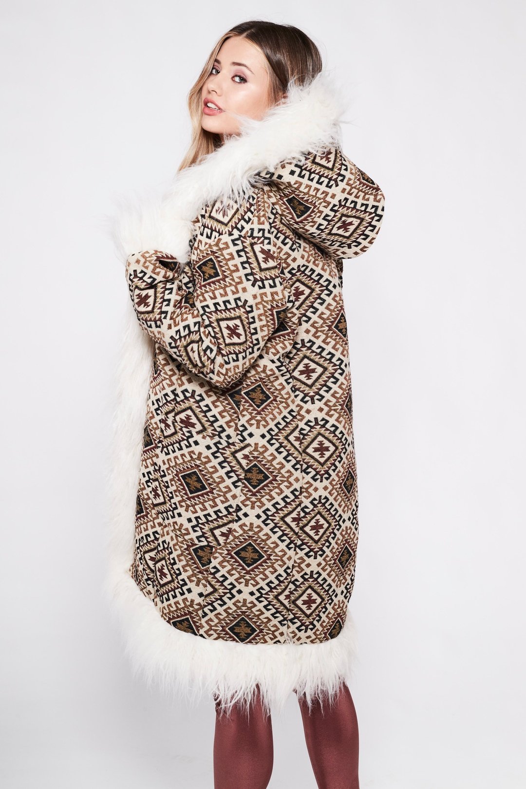MEMPHIS Hooded Afghan Coat in Brown Geo