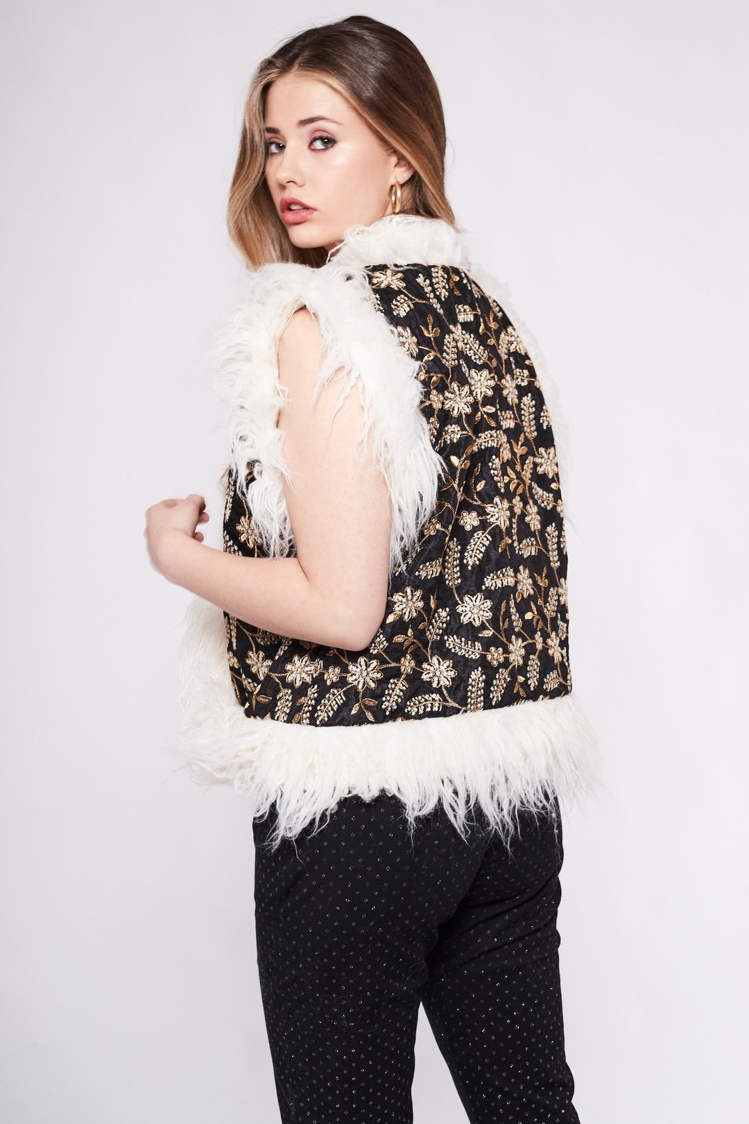 JONI Waistcoat - Black and Gold Embroidered Gilet Fur Trim