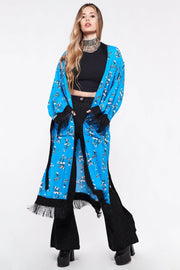 FIESTA Kimono Bright Blue with Black Fringe