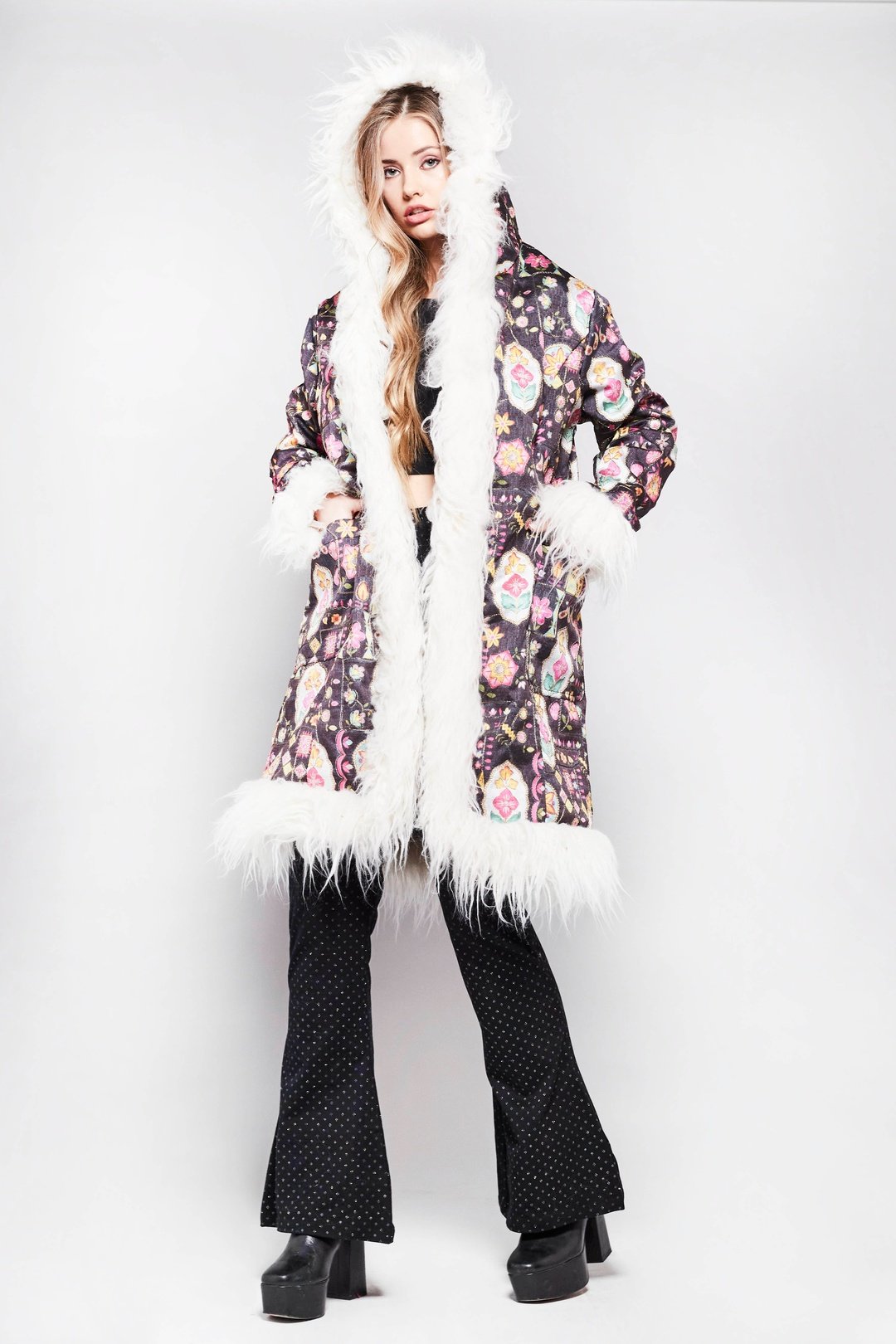 MEMPHIS Hooded Afghan Coat in Black Embroidery