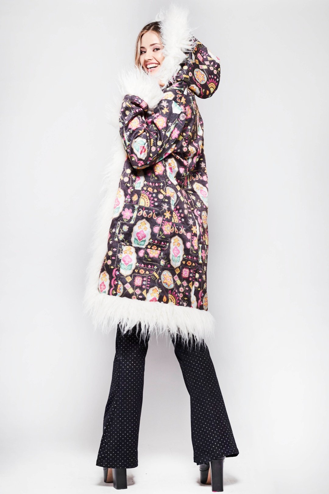 MEMPHIS Hooded Afghan Coat in Black Embroidery