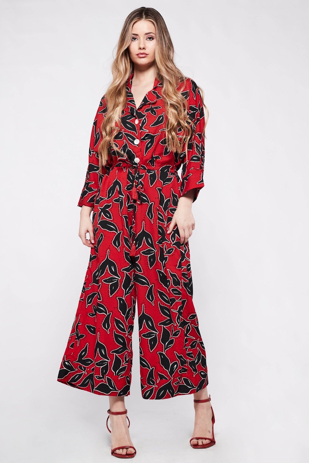 PYJAMA Jumpsuit in Black Red Floral Geometric OOTO CLOTHING