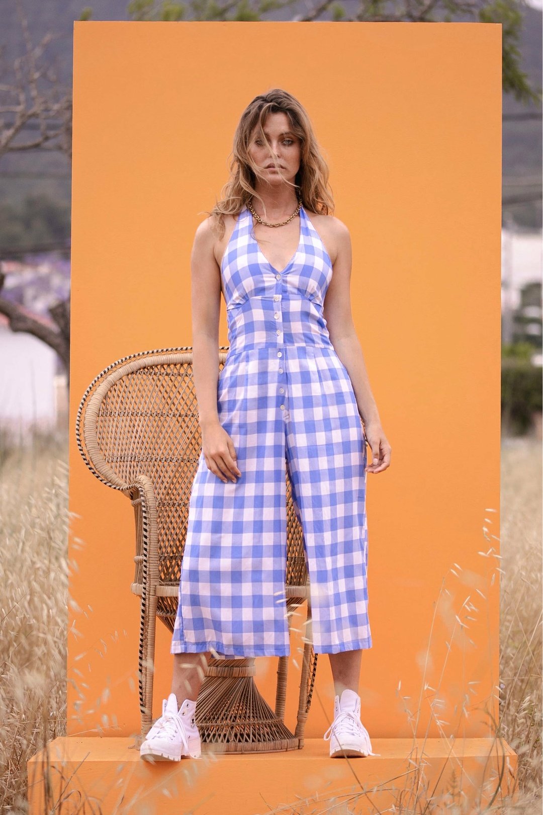 BAMBI  Blue Gingham Halter Top Y2K Jumpsuit