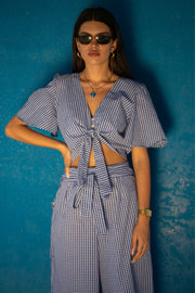 ARI Cropped Tie Blouse - Blue Gingham