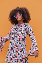 ALETA MINI DRESS - Women's Bell Sleeve 70s Floral Dress