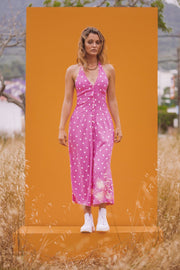 BAMBI HALTERNECK JUMPSUIT- Women's Wide Leg Pink and White Polkadot Playsuit