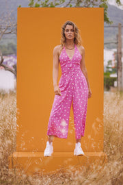 BAMBI HALTERNECK JUMPSUIT- Women's Wide Leg Pink and White Polkadot Playsuit