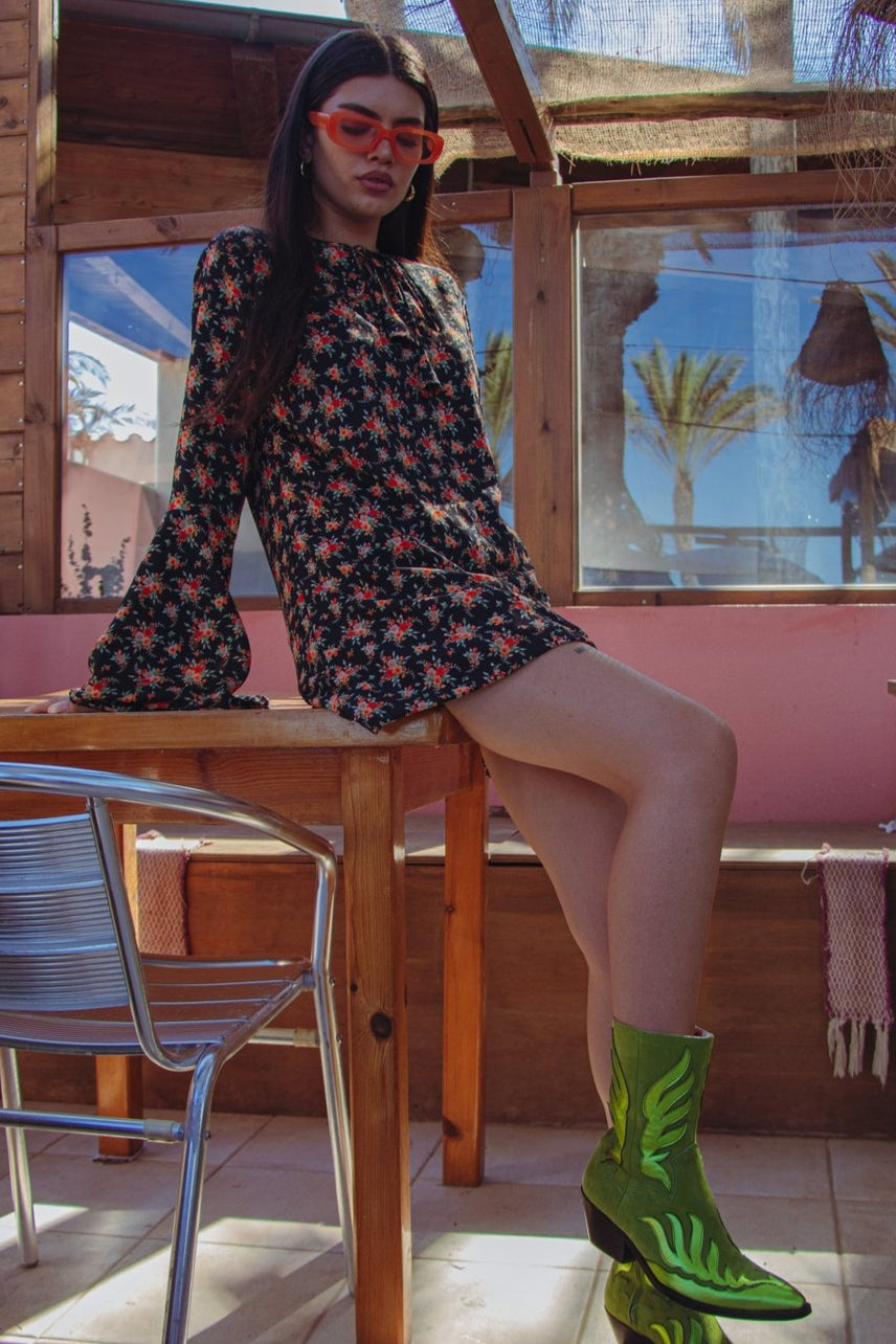 ALETA English Rose - Bell Sleeve 60's / 70s Style Mini Dress OOTO CLOTHING ALETA English Rose - Bell Sleeve 60's / 70s Style Mini Dress OOTO CLOTHING