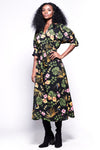 GABRIELA Wrap Dress / Black & Tropical Floral Print Midi Wrap Batwing Sleeves