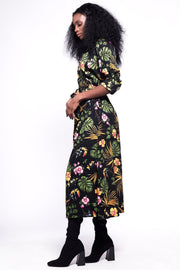 GABRIELA Wrap Dress / Black & Tropical Floral Print Midi Wrap Batwing Sleeves