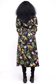 GABRIELA Wrap Dress / Black & Tropical Floral Print Midi Wrap Batwing Sleeves